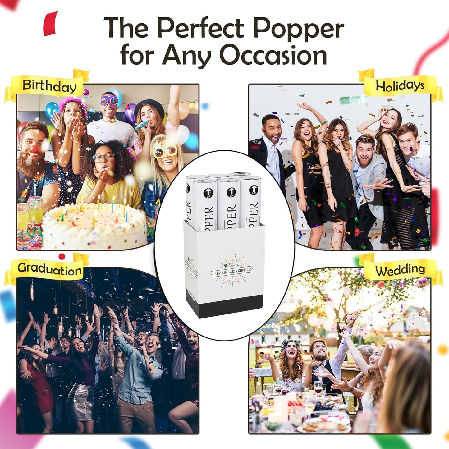 Clover Products 12" Biodegradable Confetti Cannons | 6 Pack Confetti Poppers for Weddings, Birthdays & Parties | Air-Powered Party Poppers Shoot 25 Feet | Safe for Indoor & Outdoor Use