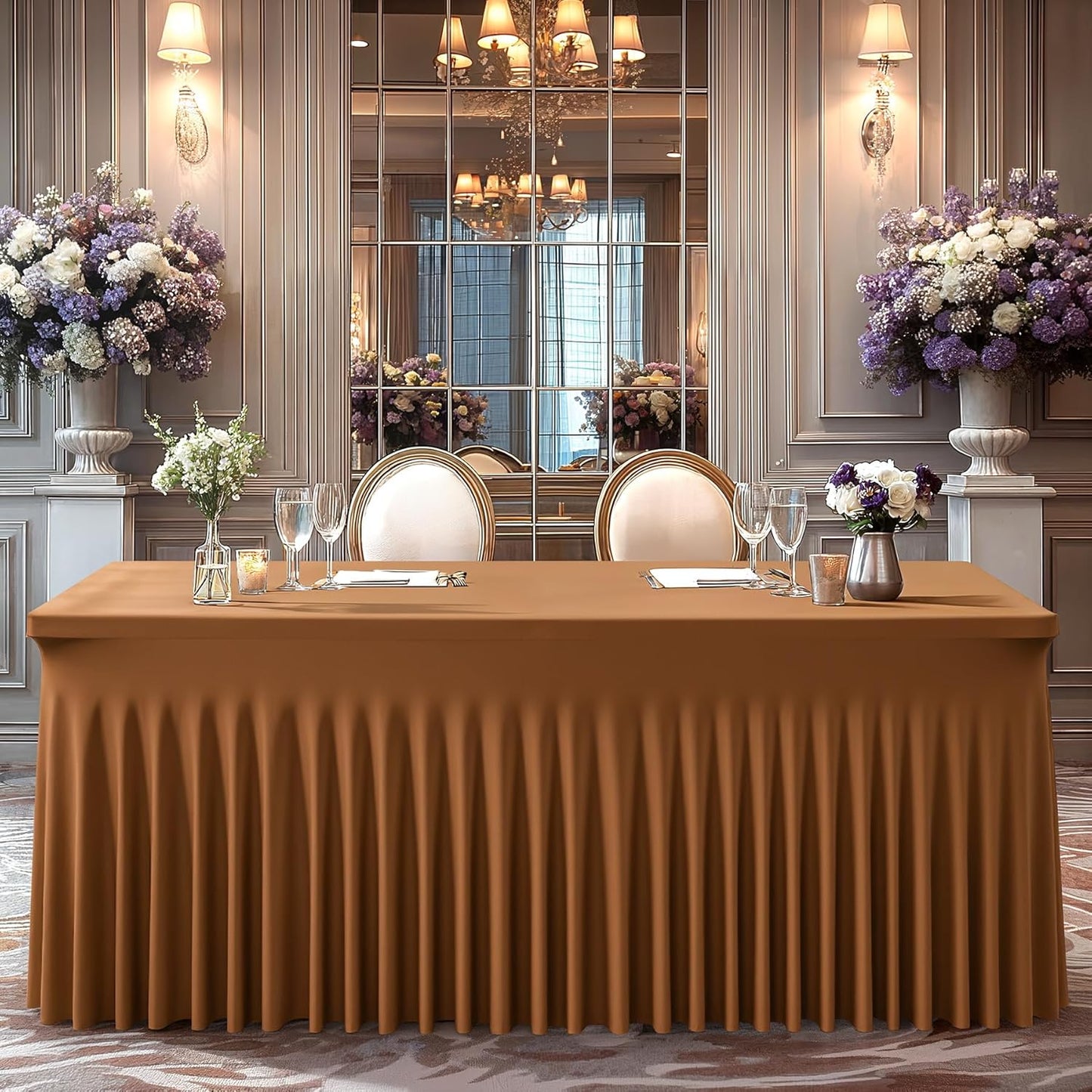 Wish Care 2 Pack Brown Spandex Table Clothes for 4 Foot Rectangle Tables, 4FT Wrinkle Free Fitted Tablecloths Ruffles Design Table Cover for Party, Banquet, Wedding and Events