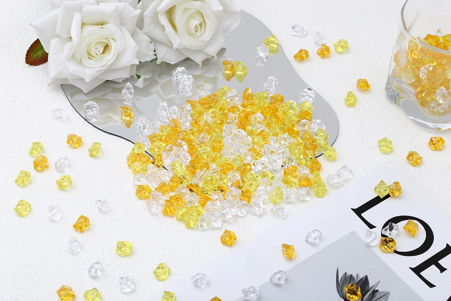 LAIDANLA 500PCS Mixed Yellow Acrylic Gems Vase Fillers Fake Ice Cubes Plastic Diamonds Fake Crushed Rocks for Centerpiece DIY Party Table Scatter Prop Wedding Decoration Accessories