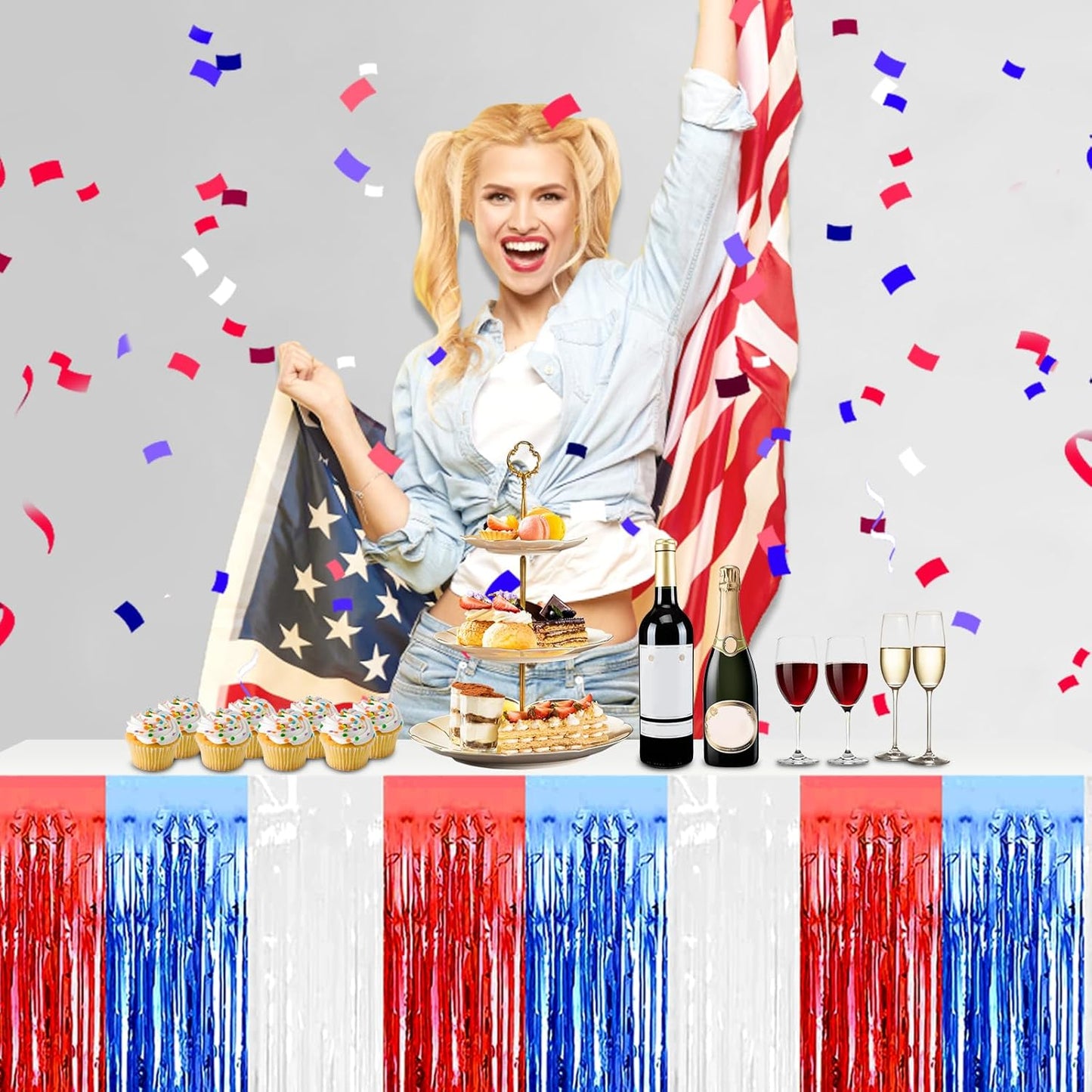 3 Pack 29x108 Inch White Blue Red Foil Fringe Table Skirts Metallic Banner for Tinsel Streamer Garland Backdrop for Parade Floats Wedding Thanksgiving Birthday Christmas Halloween Party Decoration