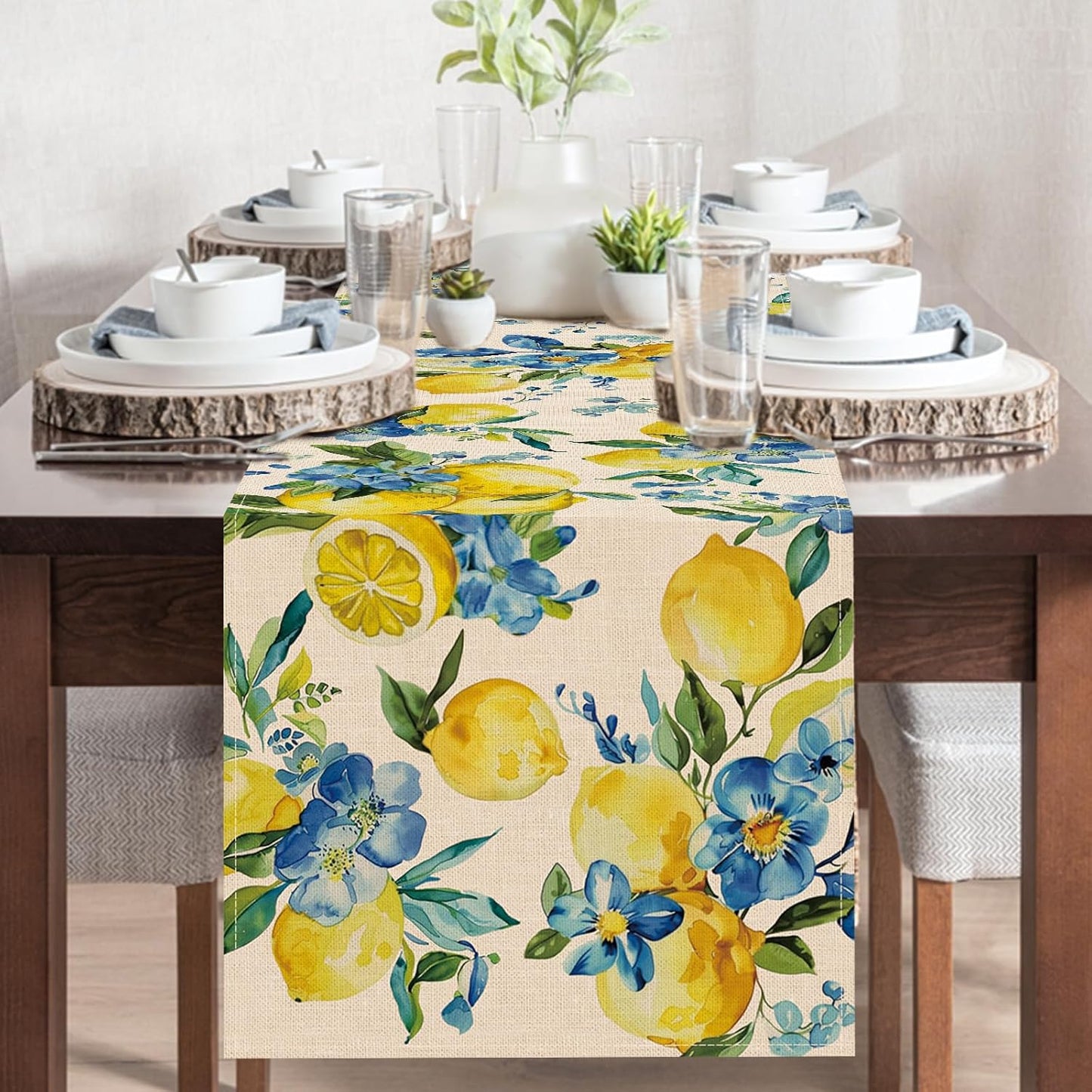 Lemon Blue Flower Dining Table Runner, Spring Summer Fruit Floral Burlap Kitchen Decoration, Seasonal Indoor Outdoor Home Decor Party Supply 13 x 72 Inches
