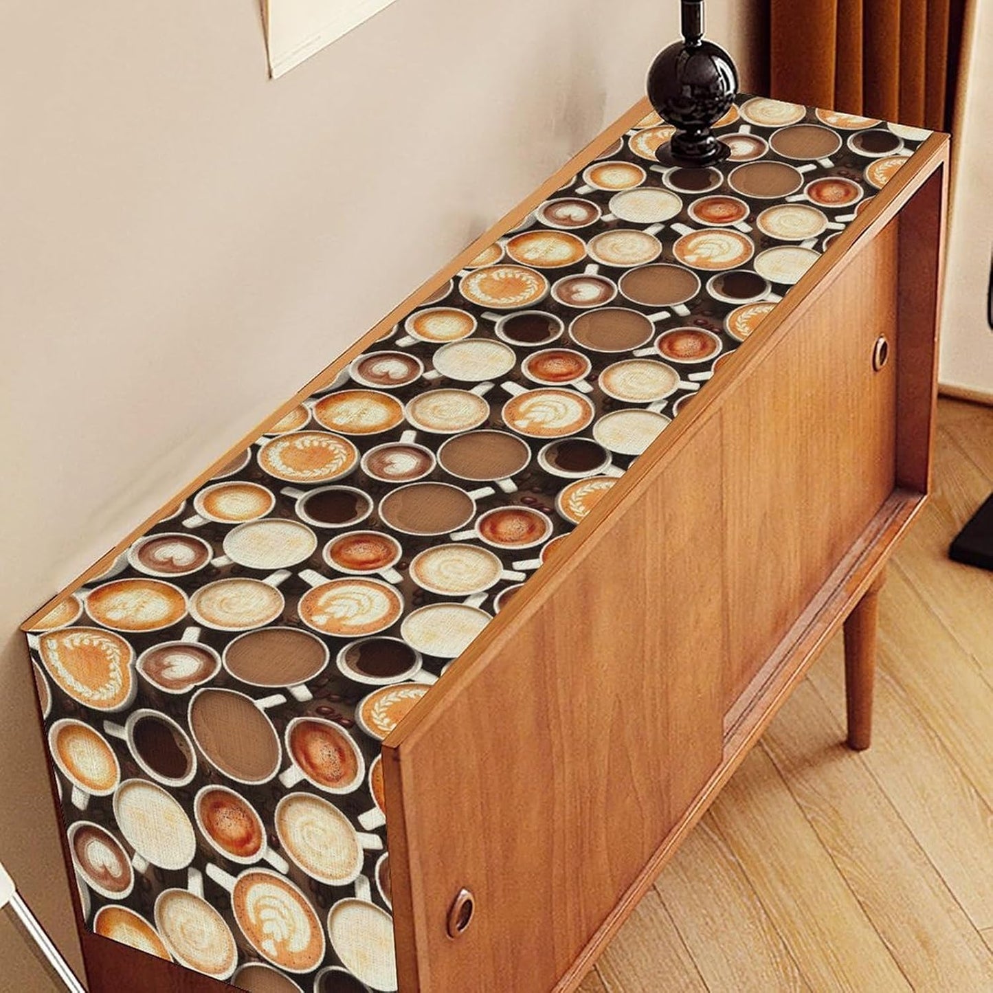 Coffee Theme Table Runner, Farmhouse Coffee Cup Latte Cappuccino Tea Party Rustic Cafe Table Center Decor for Home Kitchen Dining Patio Holiday Party Indoor Outdoor Table Decorations,13"x36" Inch