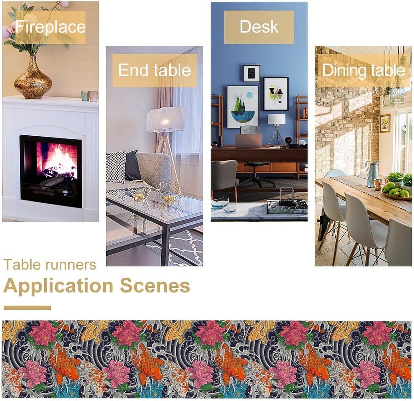 Japanese Retro Flowers Table Runner Oriental Tradition Kio Fish Art Printed Burlap Runner Home Kitchen Dining Table Living Room Decor Fabric 1 Panel W13xL120in