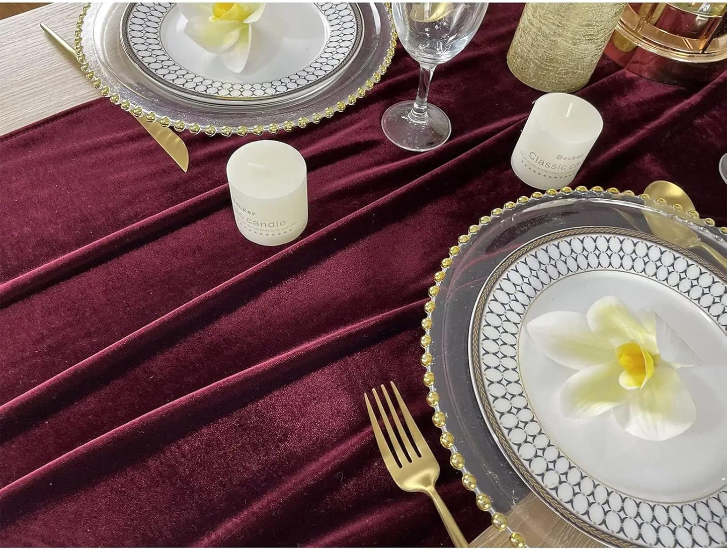 Luxurious Velvet Table Runner, 10ft Wedding Reception Decorations, 20x120inch Soft Velvet Fabric, Table Linen Overlay, Wedding Table Runners (Burgundy, 20X120inch, 5pack)