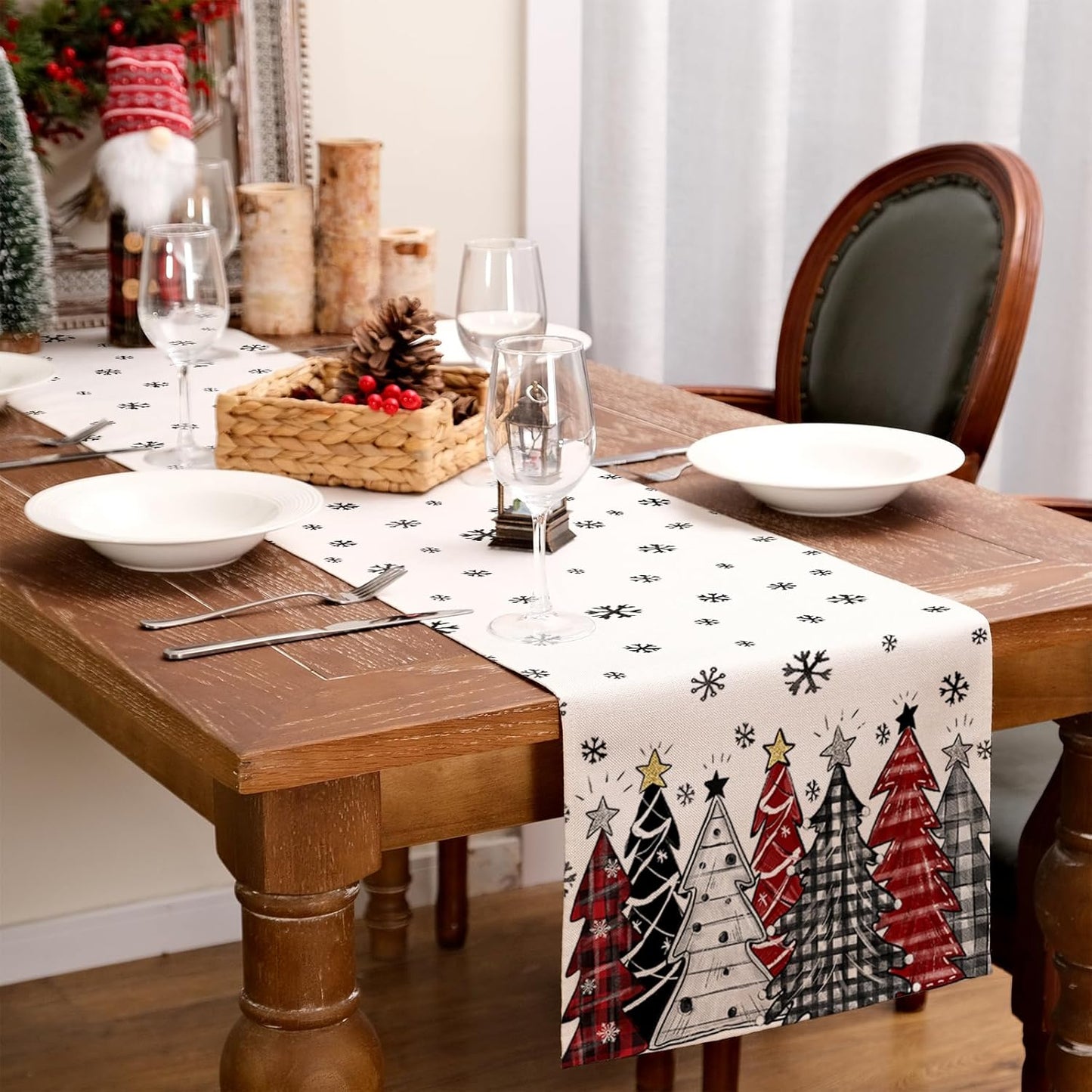 GEEORY Christmas Table Runner 13x108 Inch, Xmas Tees Snowflakes Holiday Decorative Farmhouse Table Decoration for Kitchen Dinning, Indoor Outdoor Dinner Party Decor ((Red & Black) GT165-108