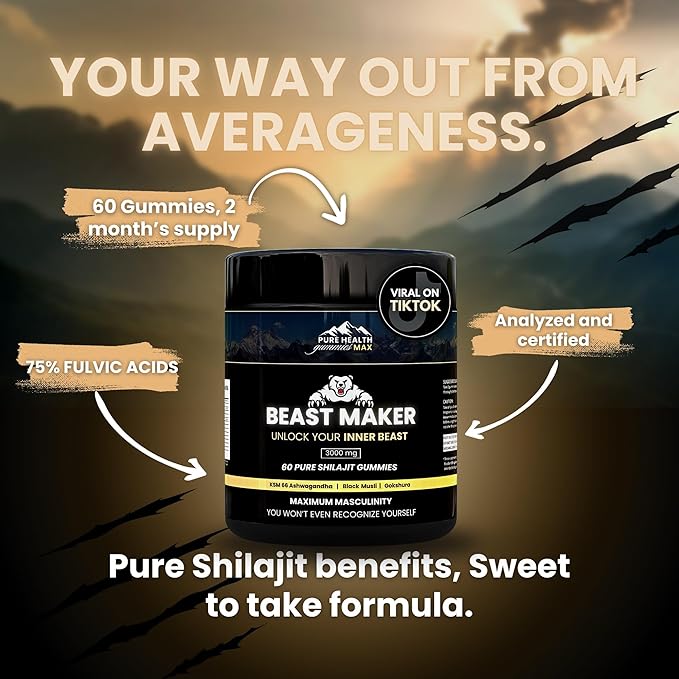Beast Maker - Pure Shilajit Gummies for Men | Natural Himilayan Organic Shilajit Authentic Male Enhancement Supplement with Ashwagandha, Black Musli, Gokshura | 60 Gummies