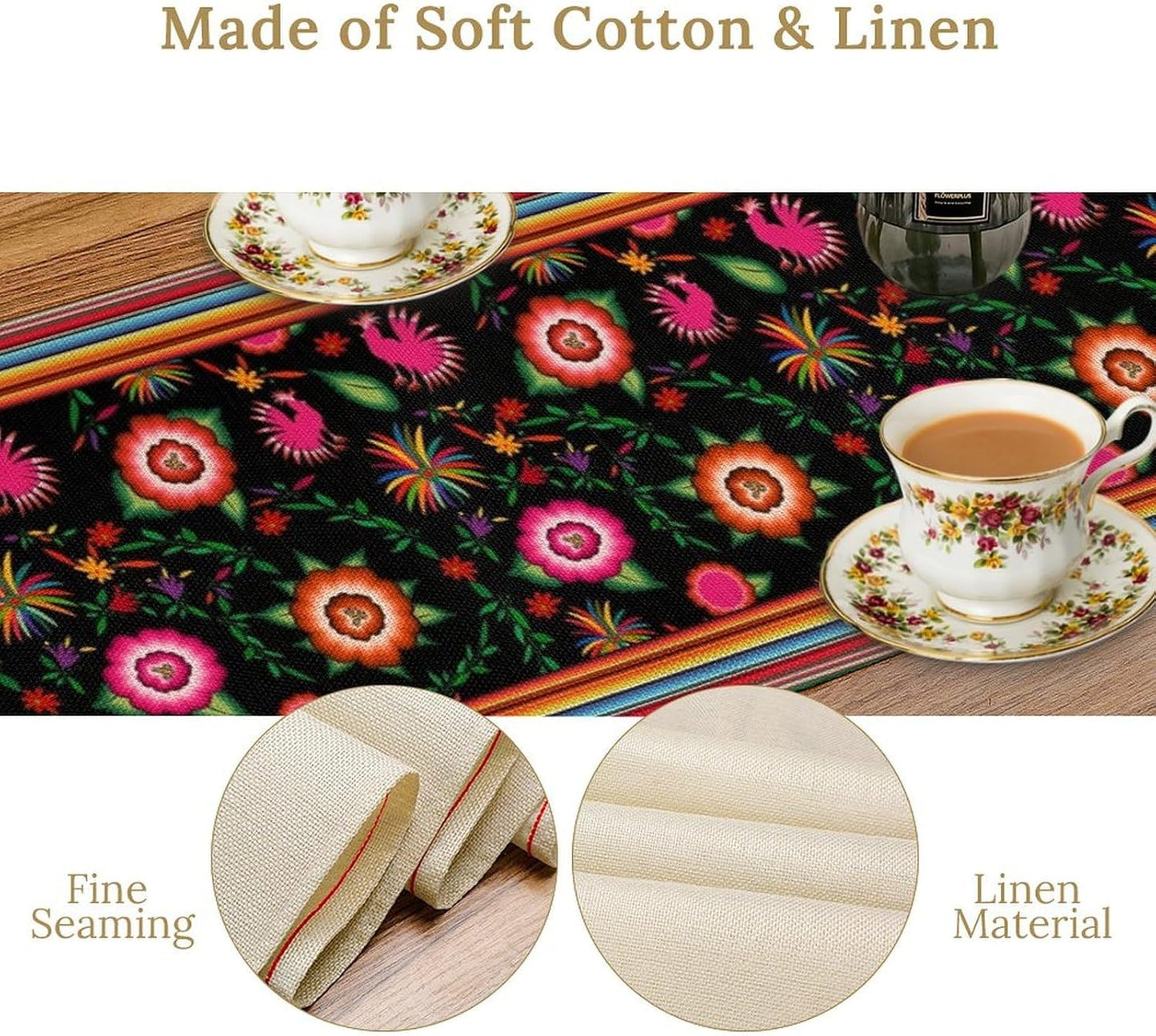 Mexican Table Runner,Colorful Flowers Cinco De Mayo Decor Table Runner for Kitchen Dining Table Home Party Decoration 13x60 Inch