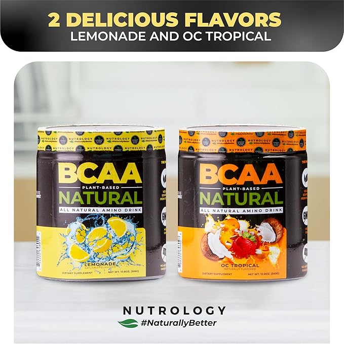 Nutrology BCAA Natural - Plant Based BCAA Powder, Lemonade Flavor, Optimized 2:1:1 Ratio Amino Acids Powder for Pre Workout & Post Workout Recovery, Vegan, Gluten-Free, Non-GMO, 30 Servings