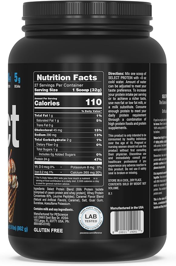 PEScience Select Protein Powder, Whey and Casein Blend, Clean Protein Powder for Women and Men, Low Calorie, Low Carb, Keto Friendly, Gluten Free, Caramel Waffle Cone, 27 Servings