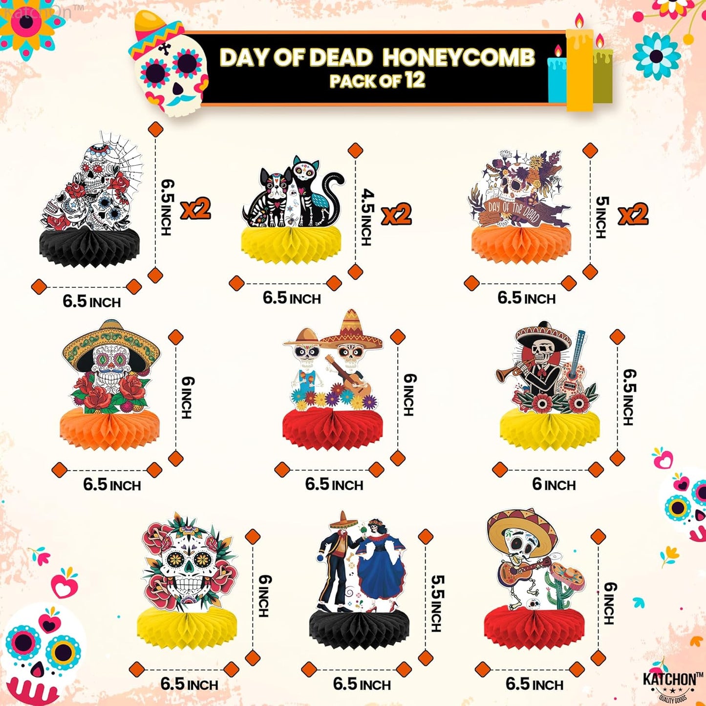 KatchOn, Day of The Dead Centerpieces - Pack of 12 | Halloween Centerpieces, Day of The Dead Decorations | Halloween Honeycomb, Day of The Dead Halloween Decorations | Dia De Los Muertos Decorations
