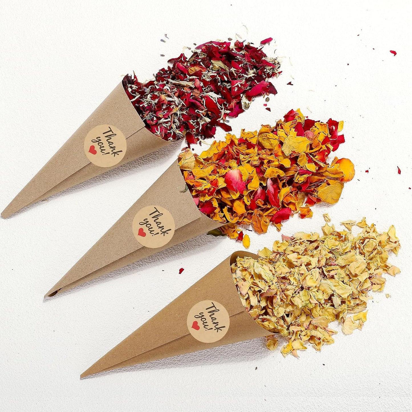 PATIKIL Dried Flower Confetti Cones, 30Pcs Paper Tapers Cone Holder with Dried Rose Petals / Sticker for Wedding Party Engagement Birthday DIY Decoration, Light Yellow/Pink