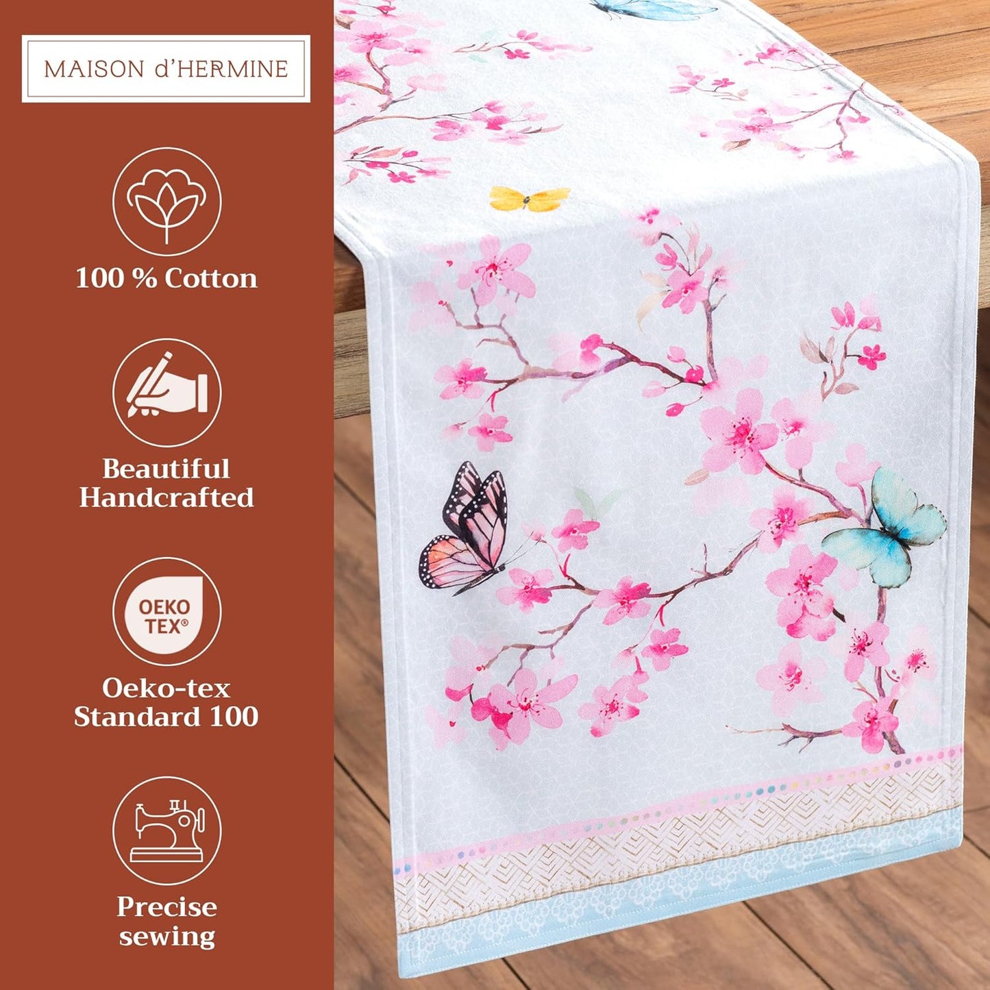Maison d' Hermine Table Runner 100% Cotton Double Layer Table Runners 72 inches Long Decorative for Home Kitchen Dining Party Wedding Bridal Shower Spring Summer (Blossoms in Spring, 14.50" x 72")