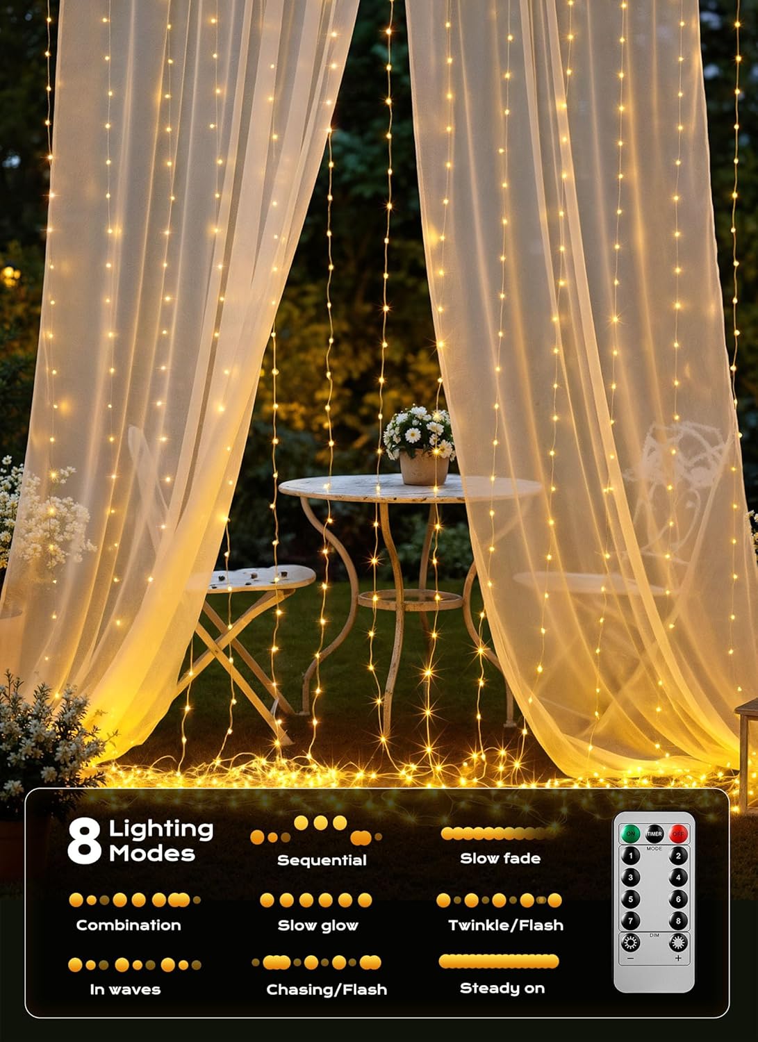 Brightown 300 LED Curtain String Lights, 9.8 FT Hanging Fairy Lights with Remote, 8 Modes, Waterproof Window Lights for Bedroom Backdrop Wedding Outdoor Party Christmas Decorations