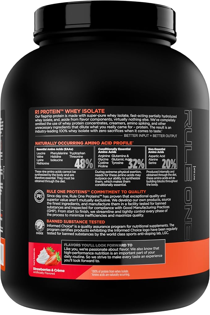 Rule 1 R1 Protein Whey Isolate - with 25g Protein & 6g BCAA Exclusively from Isolated & Hydrolyzed Sources for Workout Recovery (5 Pounds*, Strawberries & Crème)