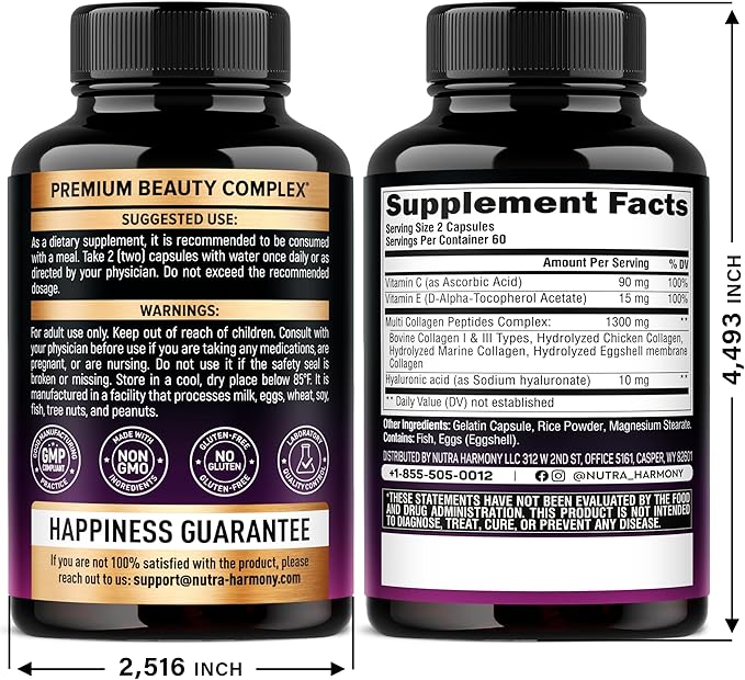 Multi Collagen Peptides - Hydrolyzed Types I, II, III, V & X - Collagen Supplement for Women 1300mg - w/ Hyaluronic Acid, Vitamins C & E - Skin, Hair, Nails & Joint Support - Made in USA, 120 Capsules
