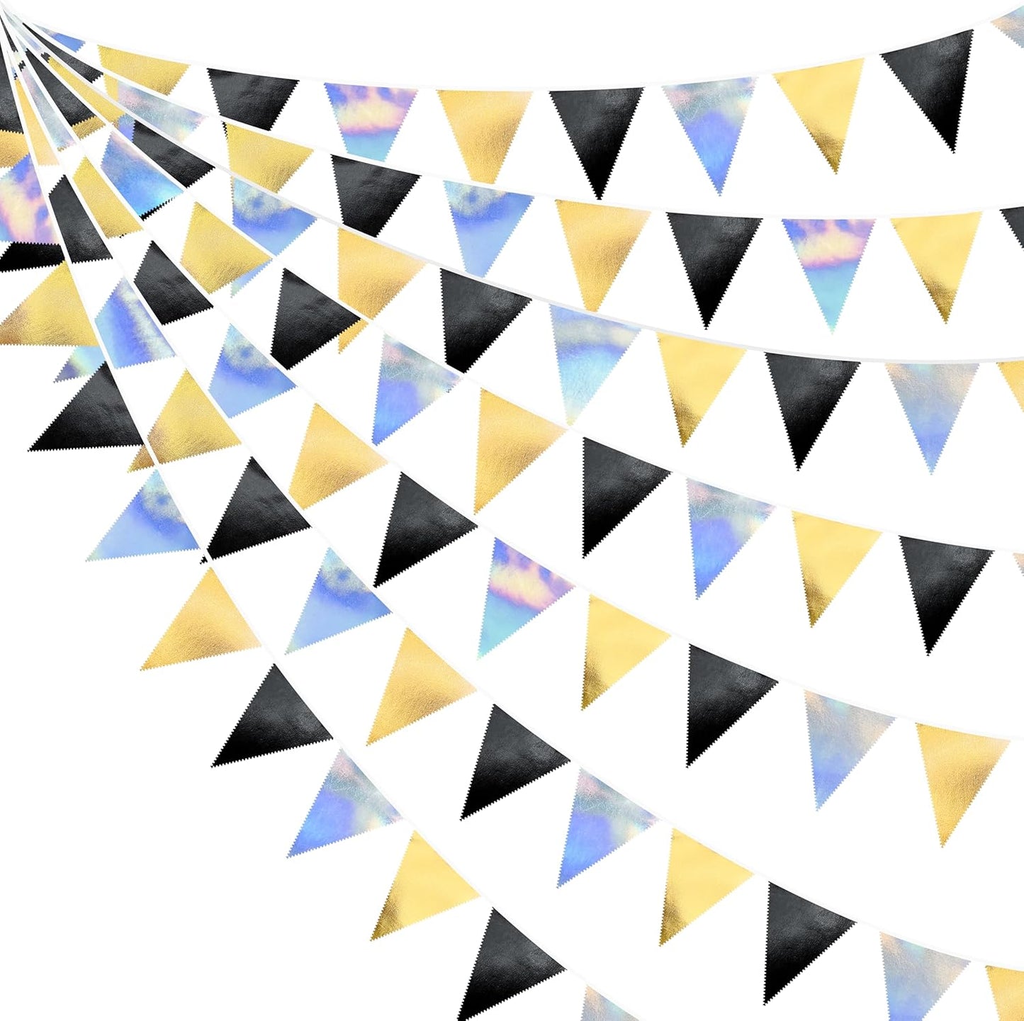 Black Gold Iridescent Party Decorations Triangle Pennant Banner Flag Metallic Fabric Bunting for Birthday Graduation Retirement Wedding Bridal Shower Engagement Bachelorette Disco Party Supplies
