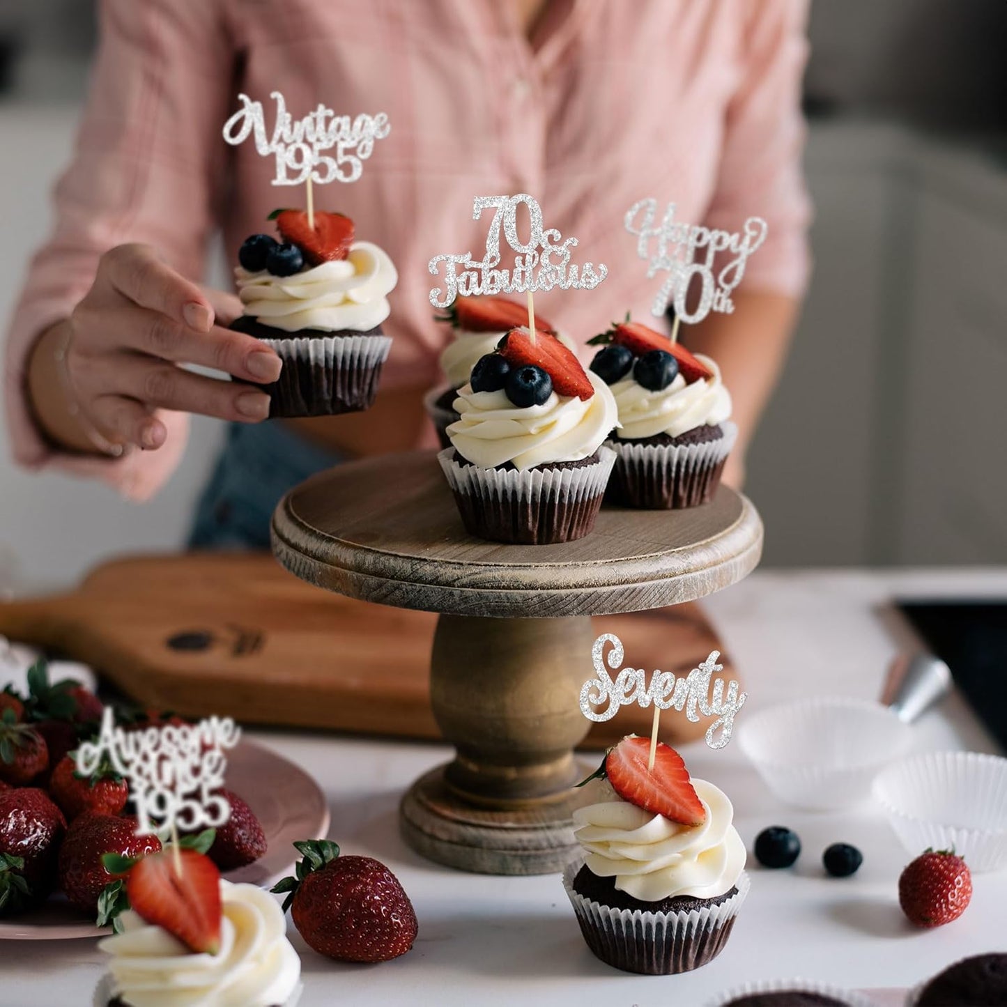 30Pcs Happy 70th Birthday Cupcake Toppers Glitter Seventy Vintage 1955 Cupcake Picks Cheers to 70 Fabulous Cake Decorations for 70th Birthday Wedding Anniversary Party Supplies Silver