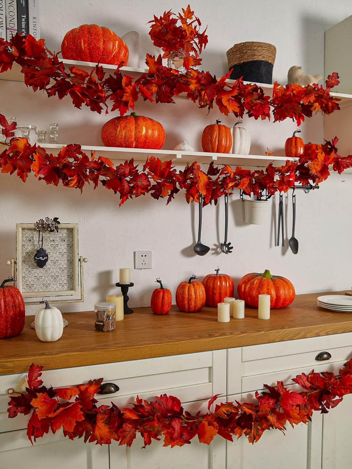 Party Joy 6PCS Artificial Maple Leaf Garland - 5.6Ft Autumn Red Fall Decor for Front Door, Table & Wall, Thanksgiving Garland Hanging Vines with Realistic Leaves