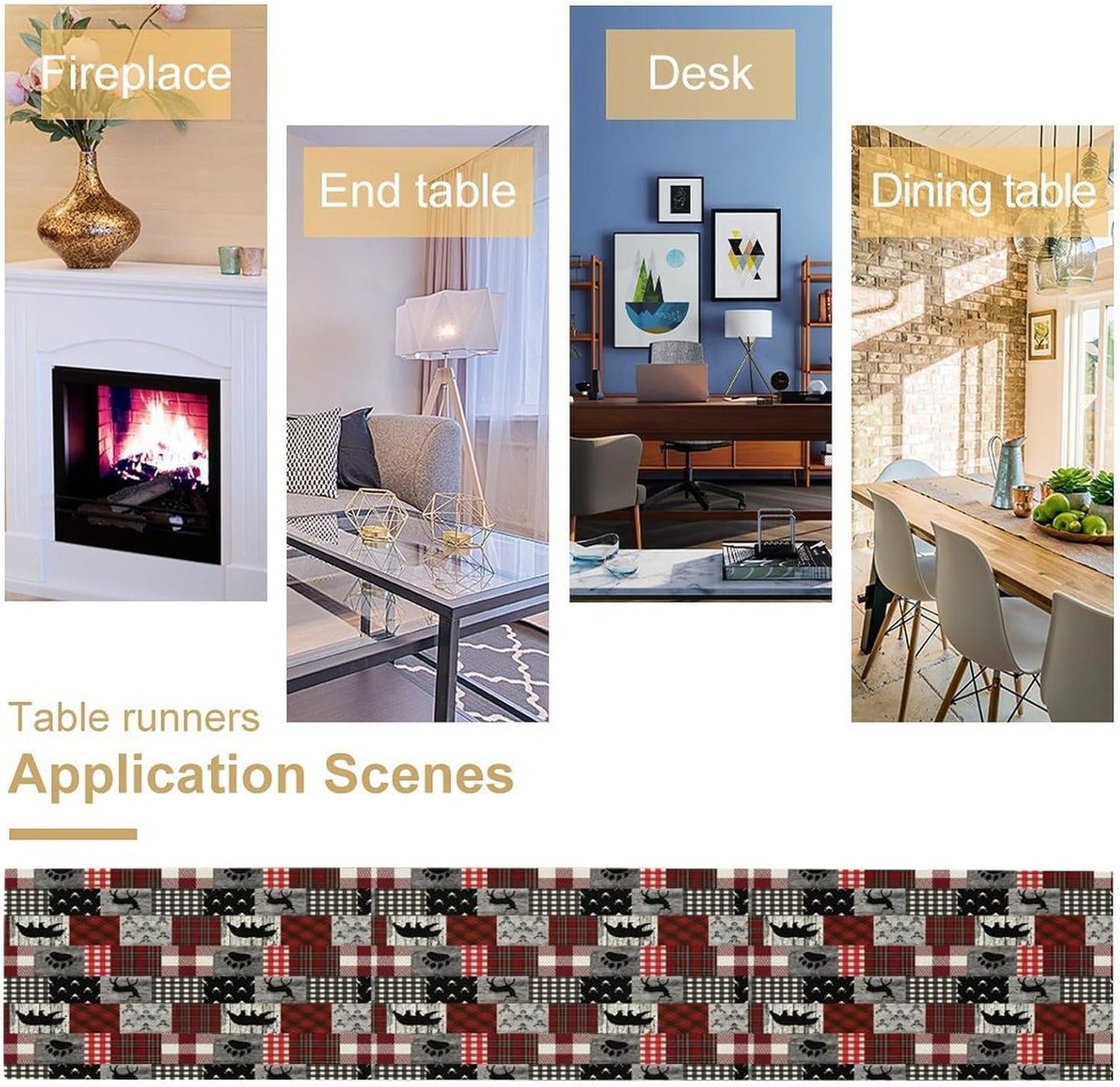 Rustic Farm Table Runner,Vintage Woodland Deer Bear Animal Buffalo Plaid Print Tablecloth Burlap for Hotel Indoors Outdoor Dining Room Kitchen Home Decor,W13X L60 in