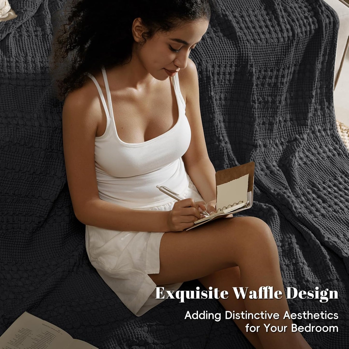 PHF 100% Cotton Waffle Weave Blanket Twin Size for Bed, Soft Lightweight & Breathable, All-Season Comfort, Luxury Aesthetic Woven Bedding for Home Decor, 66"x90", Black