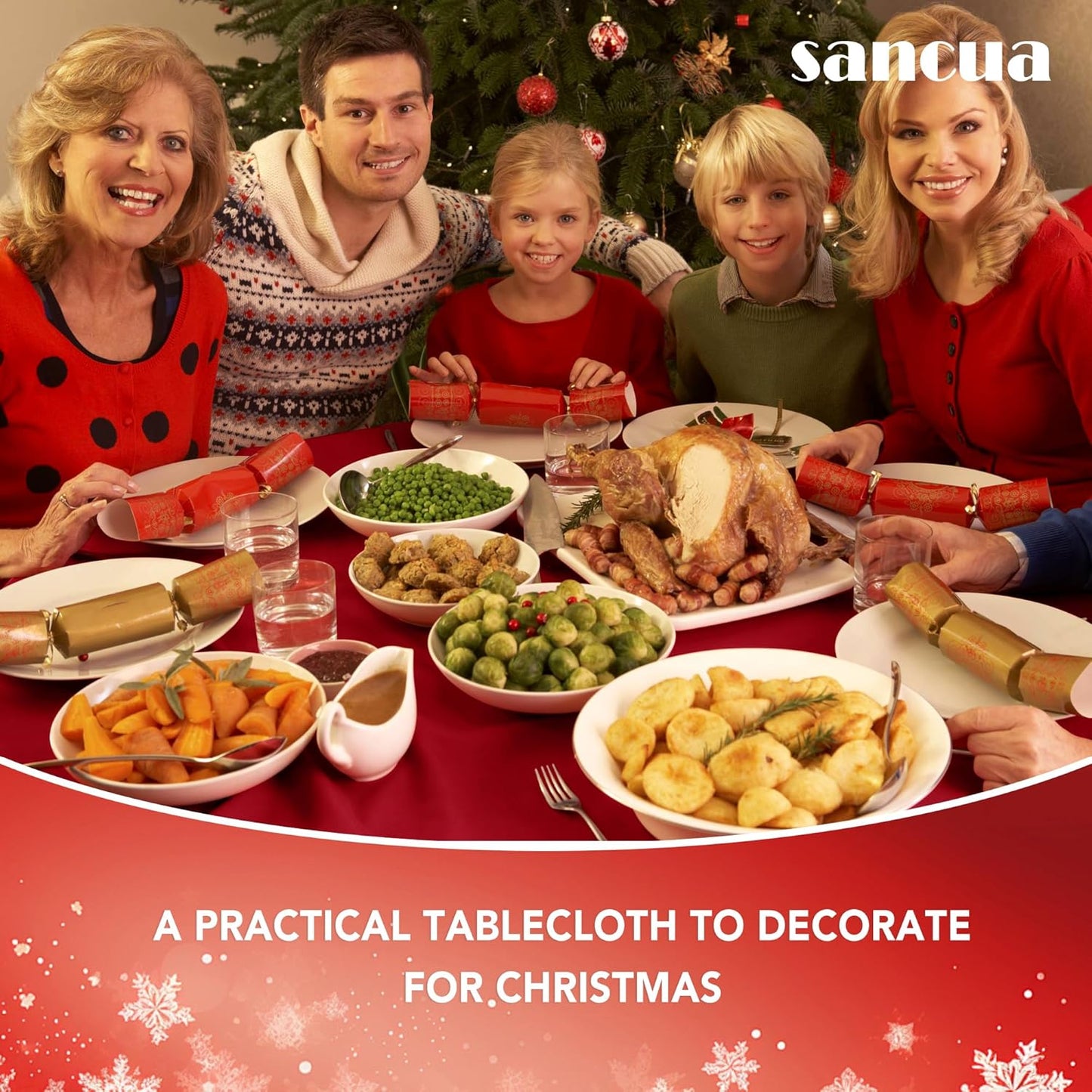 sancua Round Tablecloth - 48 Inch - Water Resistant Spill Proof Washable Polyester Table Cloth Decorative Fabric Table Cover for Dining Tables, Buffet Parties and Camping, Red