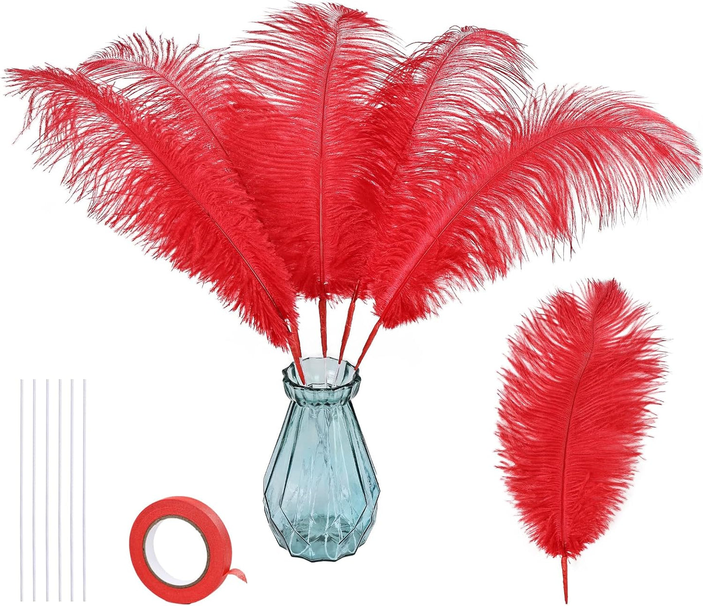 Bulk Red Ostrich Feathers - 12pcs 12-14inch Crafting Supplies for Centerpiece Table Decorations