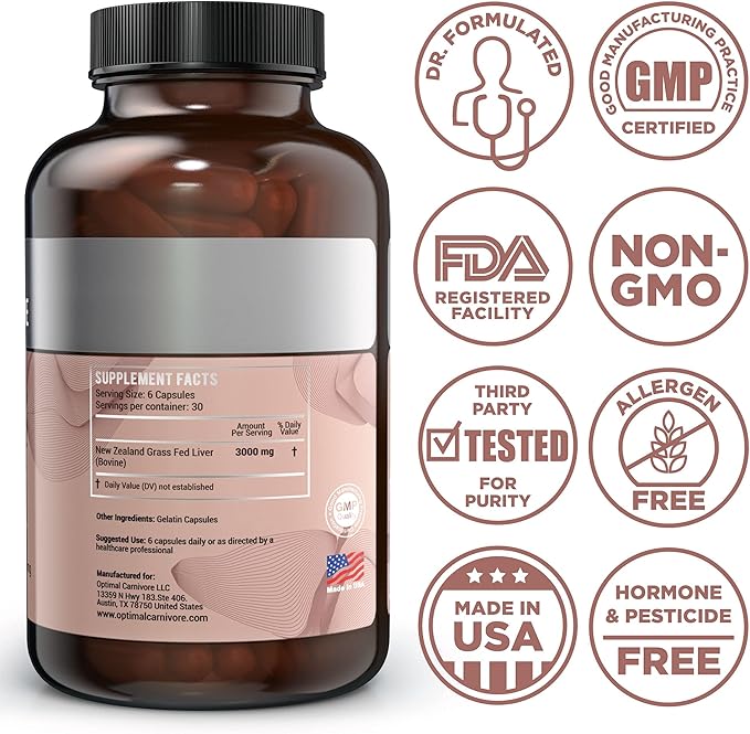 Grass Fed Beef Liver Capsules, Freeze Dried in Convenient Pills, 180 Capsules, Desiccated Supplement