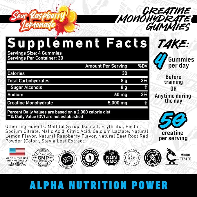 Creatine Monohydrate Gummies 5g for Men & Women, Supplement for Muscle Growth, Energy & Strength, Creatine Gomitas, Sour Raspberry Lemonade, Pre-Workout Gummies, 120 ct