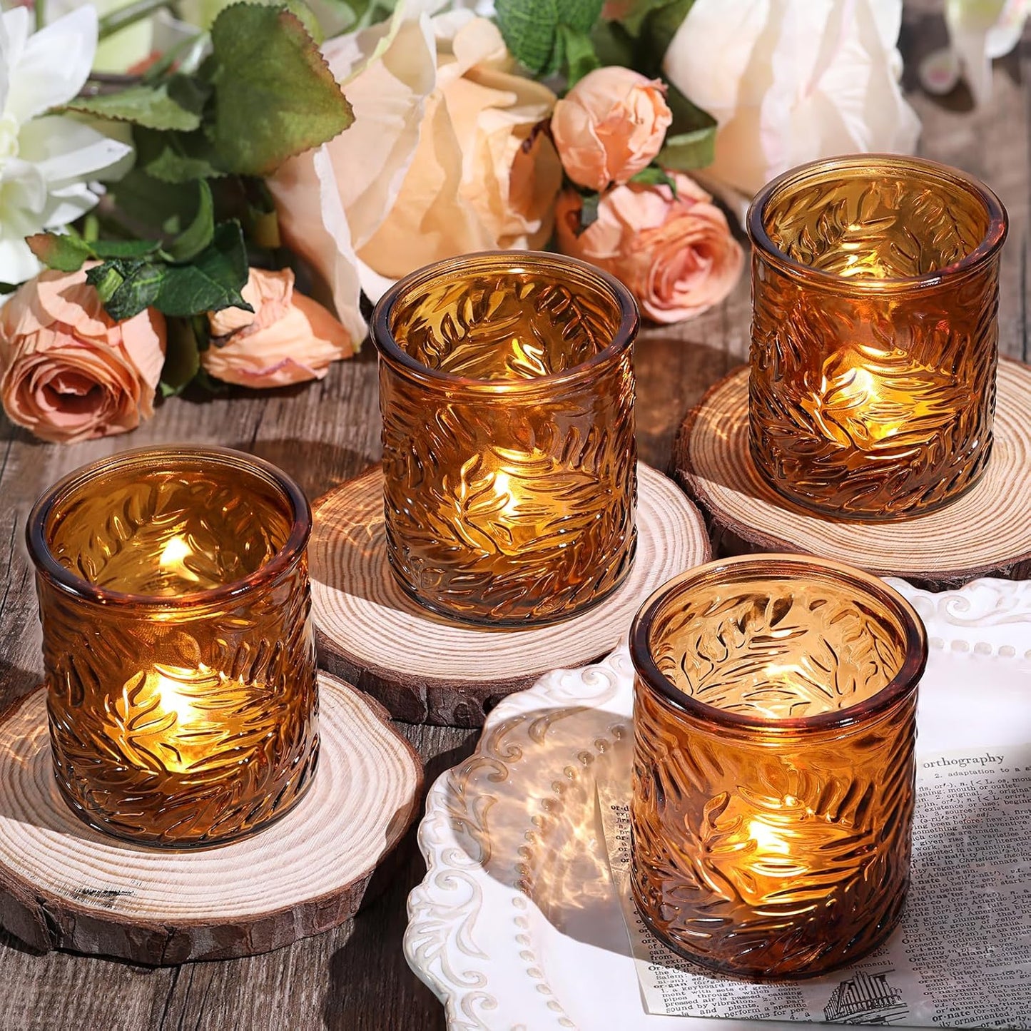 24 pcs Amber Votive Candle Holders, Tea Light Candle Holders for Wedding Centerpieces, Glass Candle Holder for Vintage Home Christmas Decoration Party Supplies
