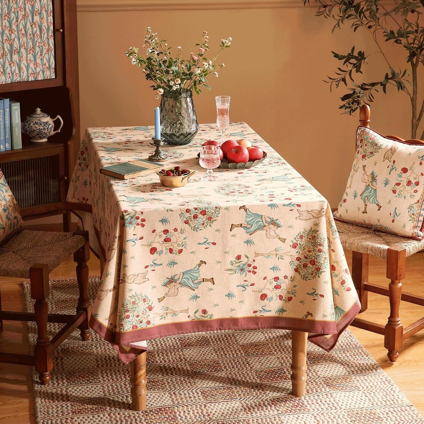 patdrea Designer Beige Tablecloth for Rectangle Table,Italian Linen Trees Pattern Extra Long Tablecloths,Decor Table Cover for Kitchen Dining Christmas,Thanksgiving,Tea Party,63"x110"-Tatiana a