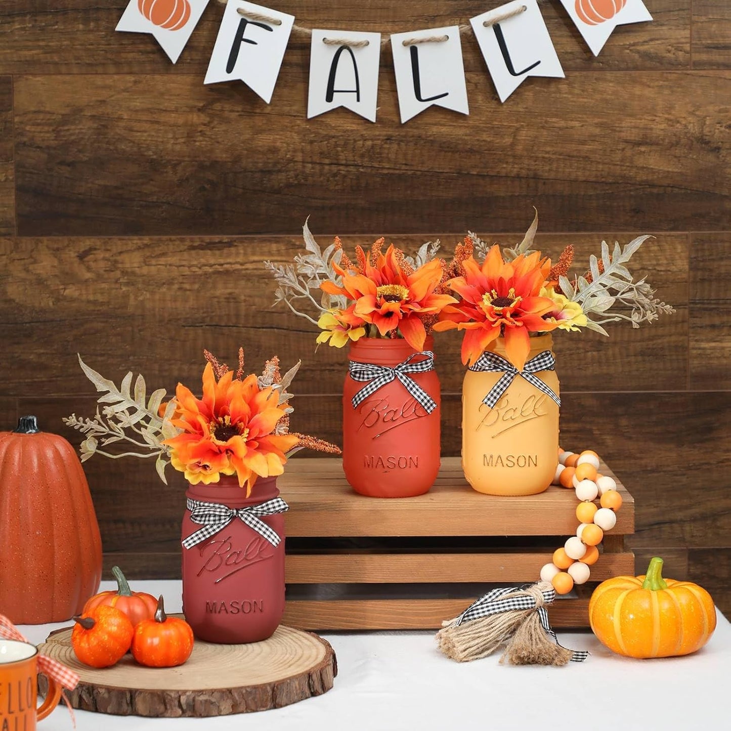 Fall Mason Jar Centerpiece for Table with Artificial Flowers, Set of 3 Thanksgiving Mason Jars Farmhouse Painted Decorative Jars for Thanksgiving Fall Home Decor, Thanksgiving Dinner Table Centerpiece