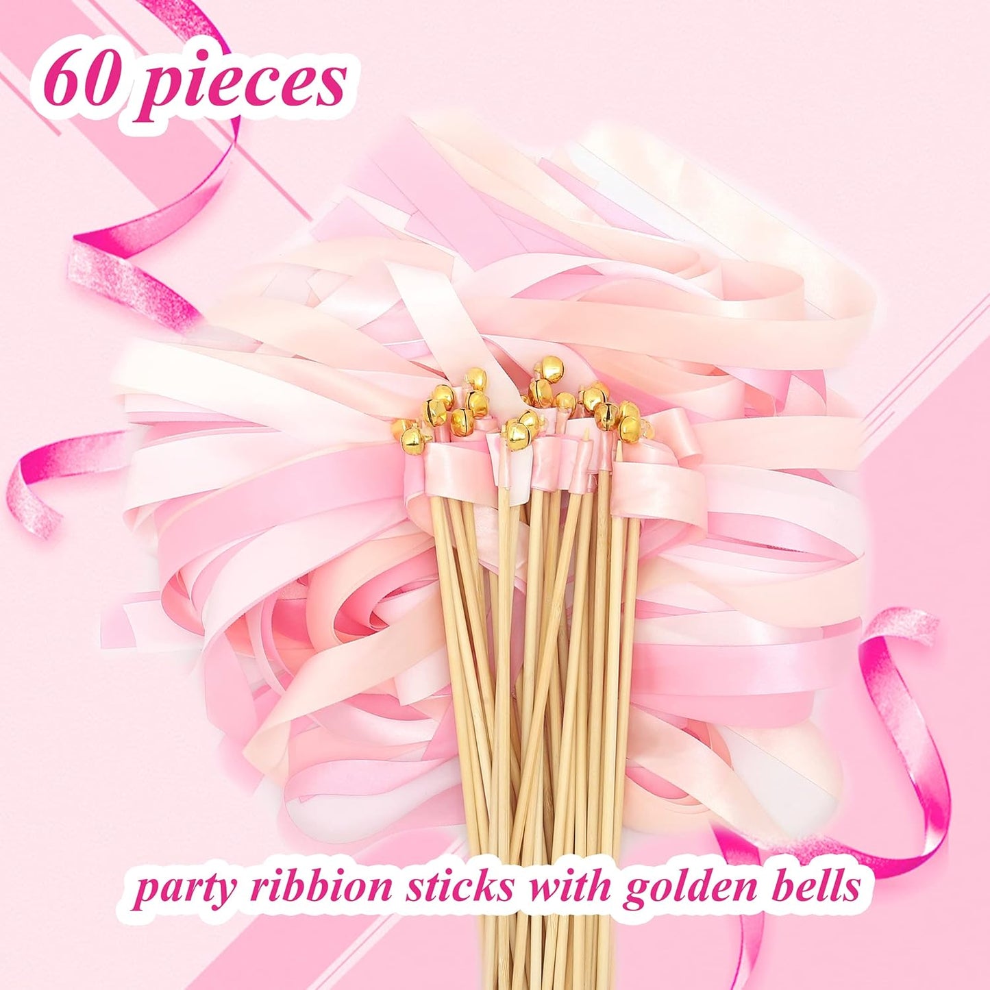 60 Pieces Wedding Colorful Ribbon with Bells, Party Ribbons Streamers Sticks Magic Wish Fairy Wand for Wedding Party Holiday Activities Favors (Pink-60)