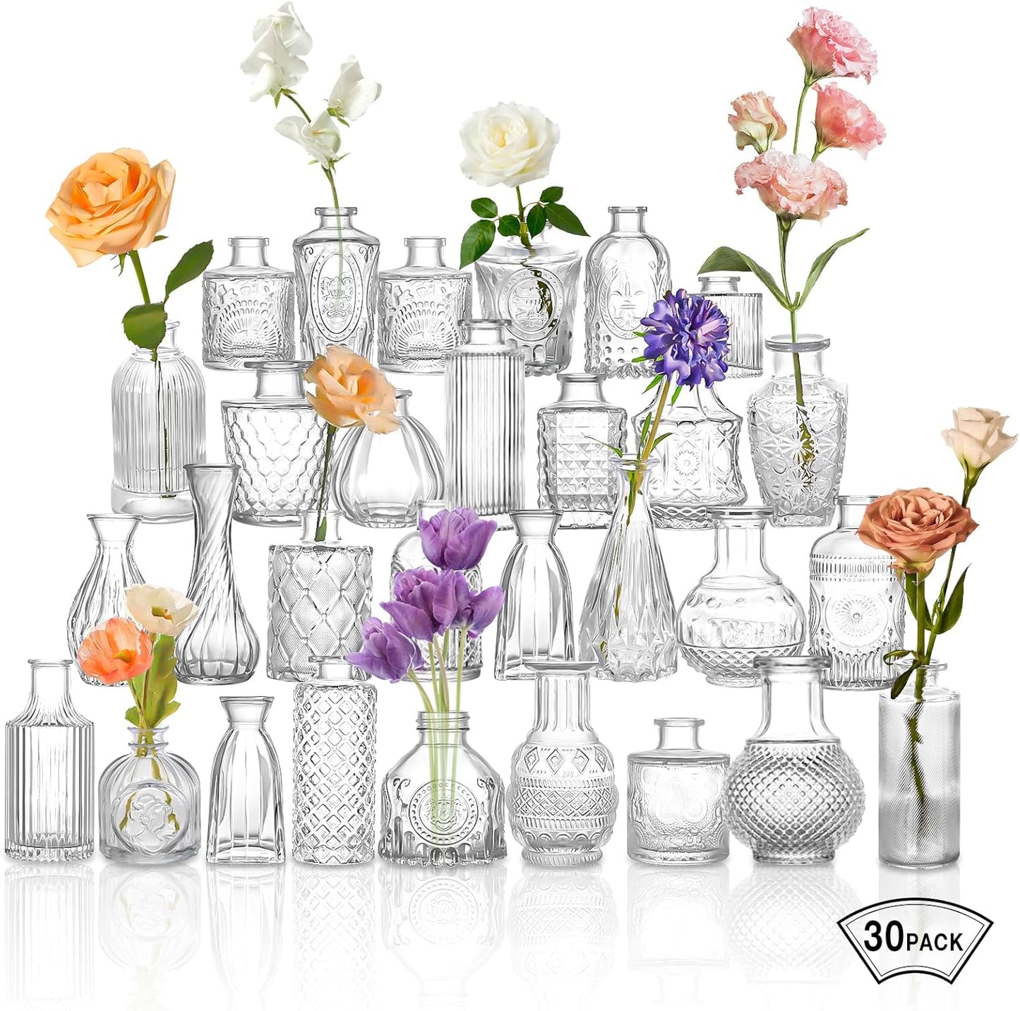 Glass Bud Vase Clear Bud Vases Set of 30 for Centerpieces, Vintage Glass Flower Vases in Bulk Suitable for Weddings, Parties or Home Decoration