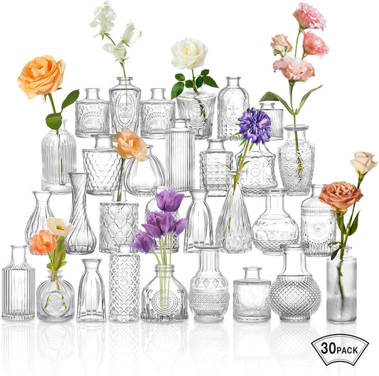 Glass Bud Vase Clear Bud Vases Set of 30 for Centerpieces, Vintage Glass Flower Vases in Bulk Suitable for Weddings, Parties or Home Decoration