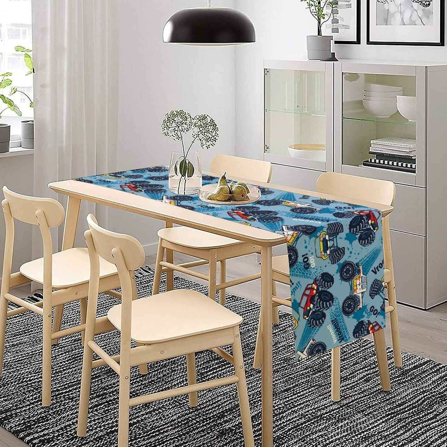 Monster Truck Table Runner,for Kids Boys Cool Colorful Cartoon Blue Cars Pattern Print Tablecloth Burlap for Hotel Indoors Outdoor Dining Room Kitchen Home Decor,W13X L60 in