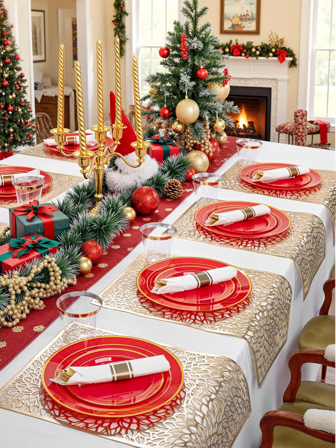 350Pieces Christmas Plates with Gold Plastic Silverware - Red Plastic Plates with Gold Rim Include 50Dinner Plate 10”, 50Dessert Plate 7”, 50 gold Cups 9 OZ, 50 Pre Rolled Napkins for Christmas/Party