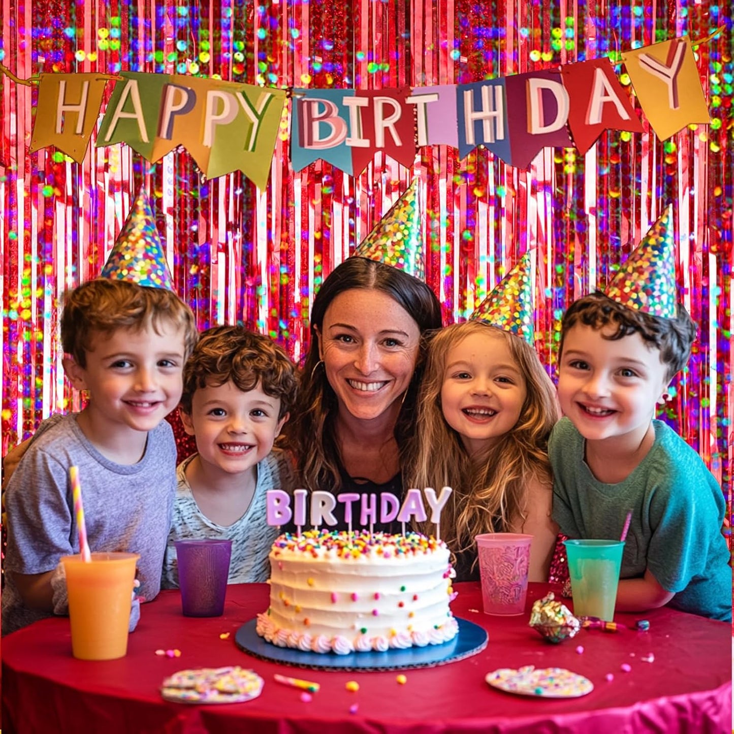 4 Packs Red Foil Fringe Curtain, Red Glitter Metallic Tinsel Backdrop for Birthday, Wedding, Baby Shower, Halloween, Christmas, Carnival, Casino Party Decorations Supplies