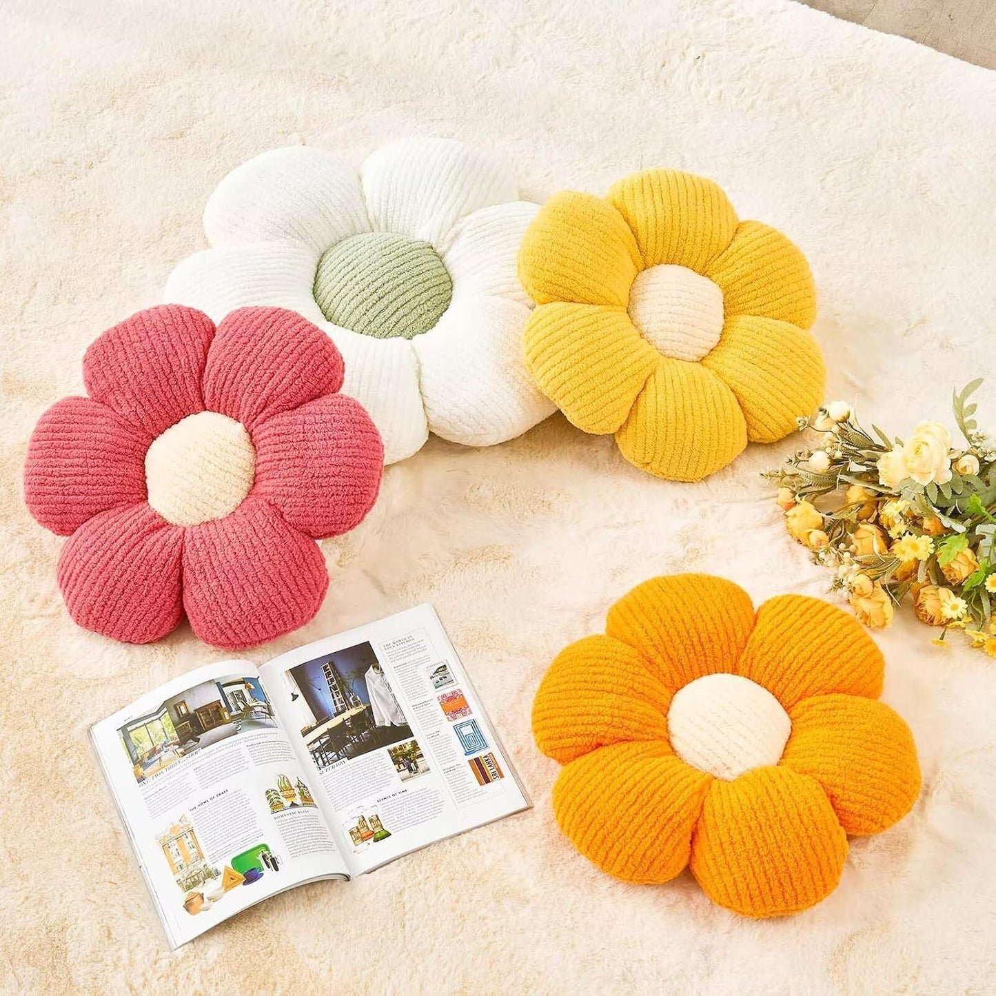Flower Throw Pillow, Soft White 19.6" Shaped Floor Pillow for Home Decor, Cute Aesthetic Plush Decorative Pillows for Bed, Sofa, Couch