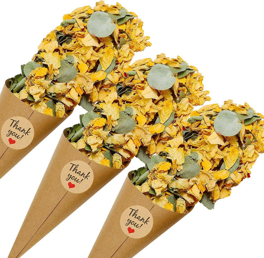 PATIKIL Dried Flower Confetti Cones, 30Pcs Paper Tapers Cone Holder with Dried Rose Petals / Sticker for Wedding Party Engagement Birthday DIY Decoration, Yellow/Green