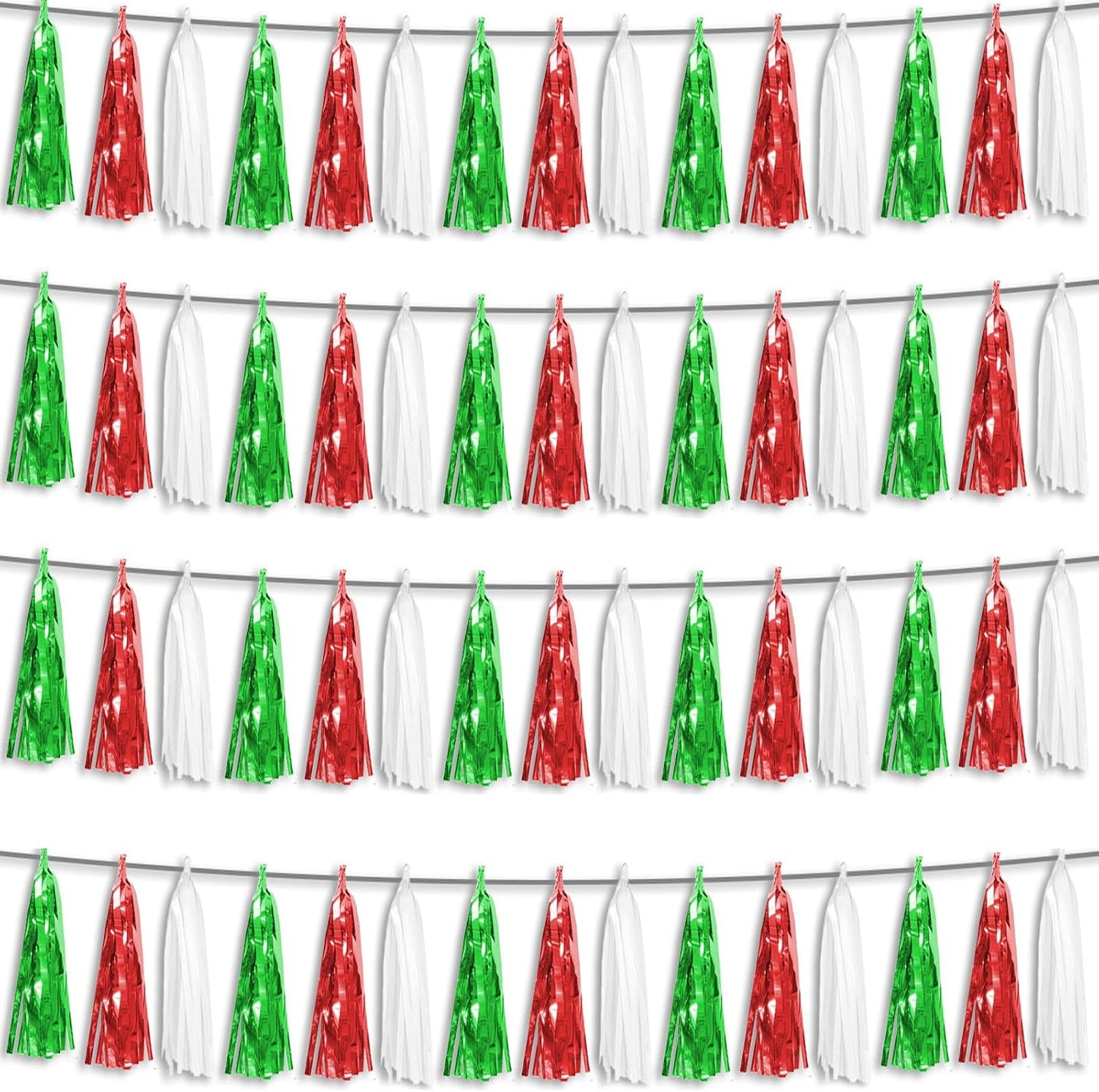 4P Red Green White Foil Fringe Metallic Tassel Streamers Banner Tassel Garland for Parade Floats, Graduation, Wedding, Birthday, Halloween, Christmas, Mexican Italian Birthday Party Decorations