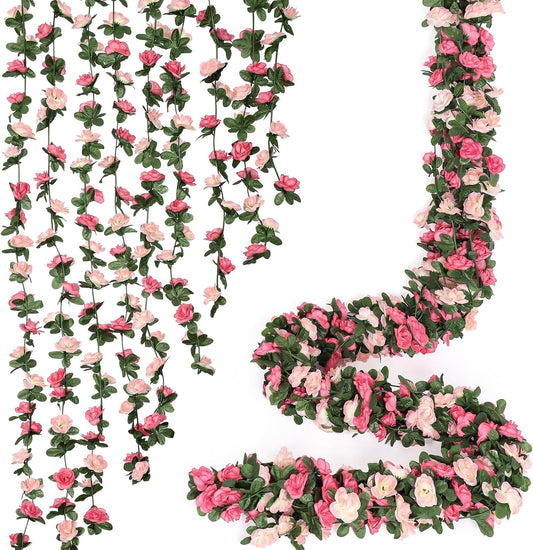 KHOYIME 18 Pack 144 FT Artificial Flower Garland, Fake Pink Roses Vines Silk Flowers Faux Plastic Outdoor Hanging Floral Ivy Garland Decoration for Wedding Arch Bedroom Home Wall Backdrop Room Decor