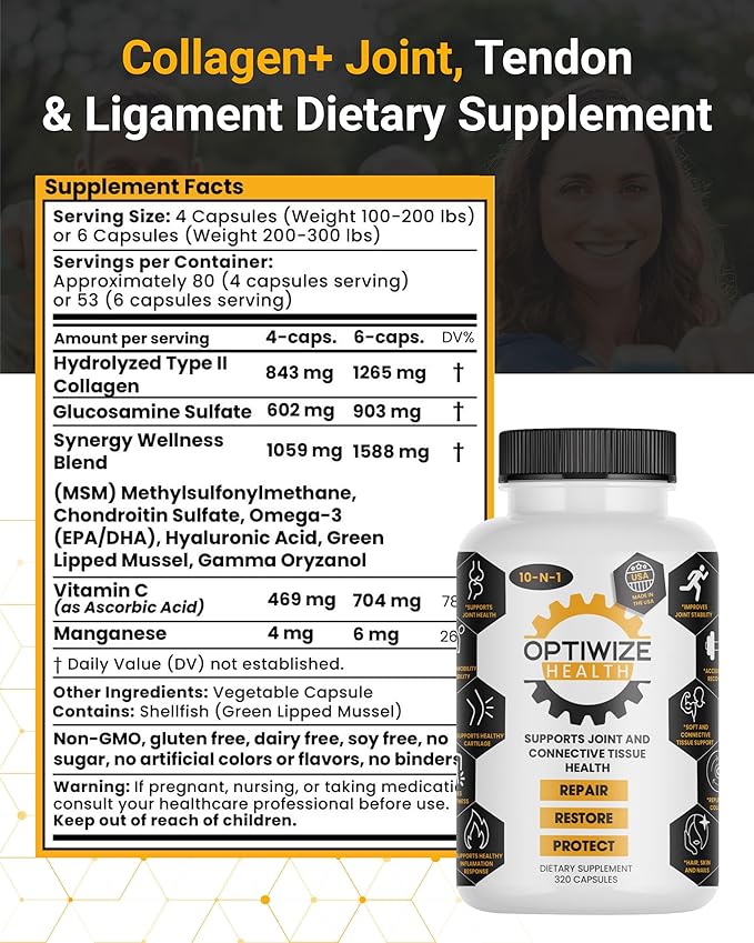 10-in-1 Joint Support Hydrolyzed Collagen,MSM, Hyaluronic Acid, Glucosamine,Chondroitin & More- Targets Joint Discomfort, Improves Mobility & Flexibility 320 Caps for Men & Women Made in USA