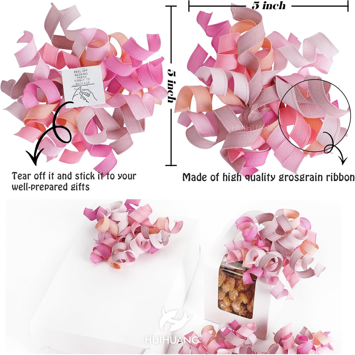 HUIHUANG Dusty Pink & Rose Bows for Gift Wrapping, Self-Adhesive Curly Ribbons for Presents, Wine Bottles, Treat Bags, Birthday & Wedding Favors - 6 Counts