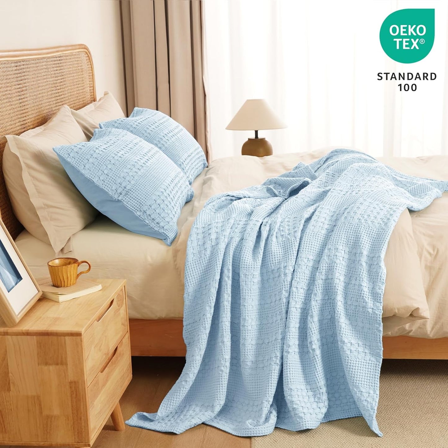 PHF 100% Cotton Waffle Weave Throw Blanket, Soft Lightweight Breathable Cozy Throws for Couch Bed Sofa, Luxury Aesthetic Woven Blanket for Home Decor & Office, 50"x60", Baby Blue
