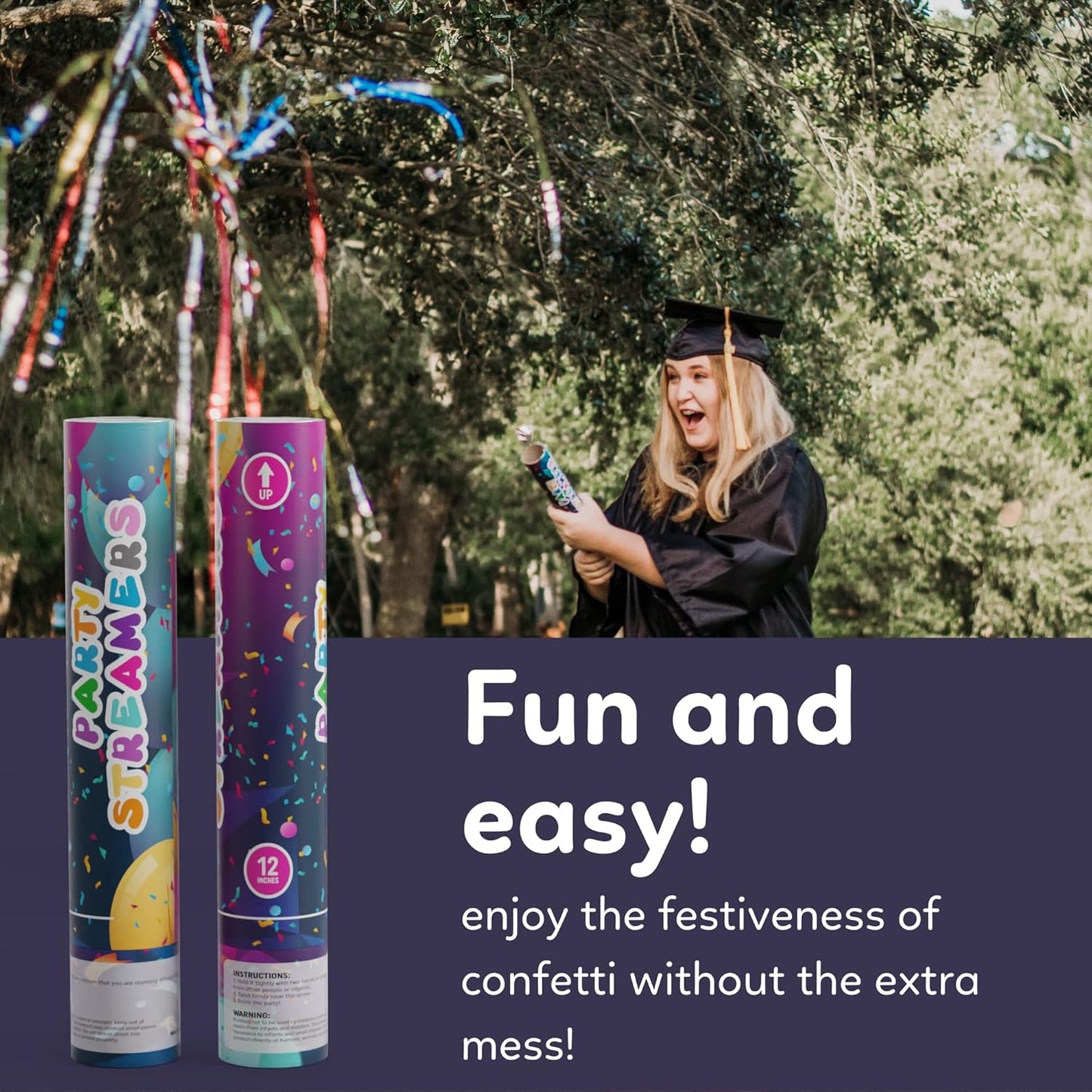 No Mess Streamer Confetti Cannon Party Poppers | 2 Pack | Multicolor Streamers | Glitter Bomb Confetti Shooters | Decoration for Birthday, Wedding | Launches 25 ft | 12 inch | TUR Party Supplies