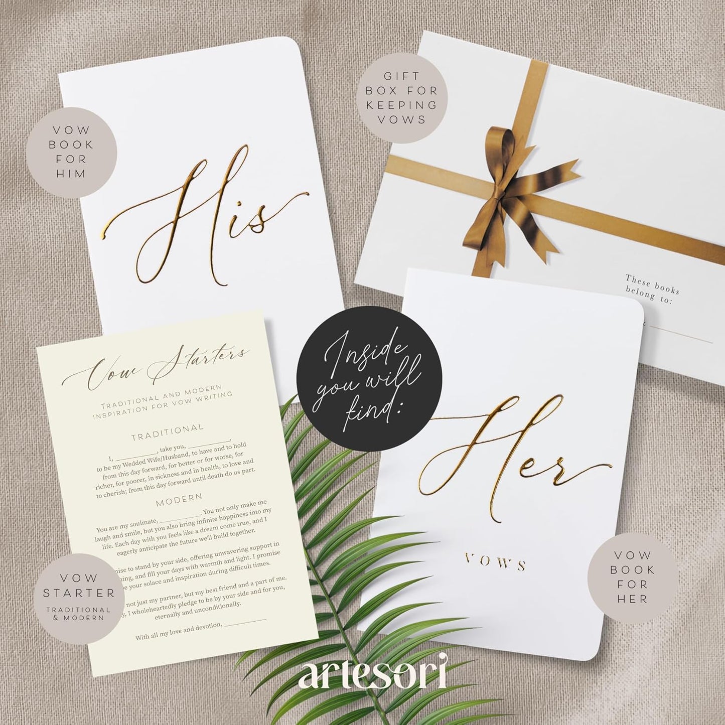 ARTESORI Premium Wedding Vow Book for Her & Him, Soft Touch, Gold Foil, 28 Lined Pages, Wedding Vow Books His and Hers, Wedding Essentials, Wedding Registry Ideas, His and Hers Gifts [White & White]