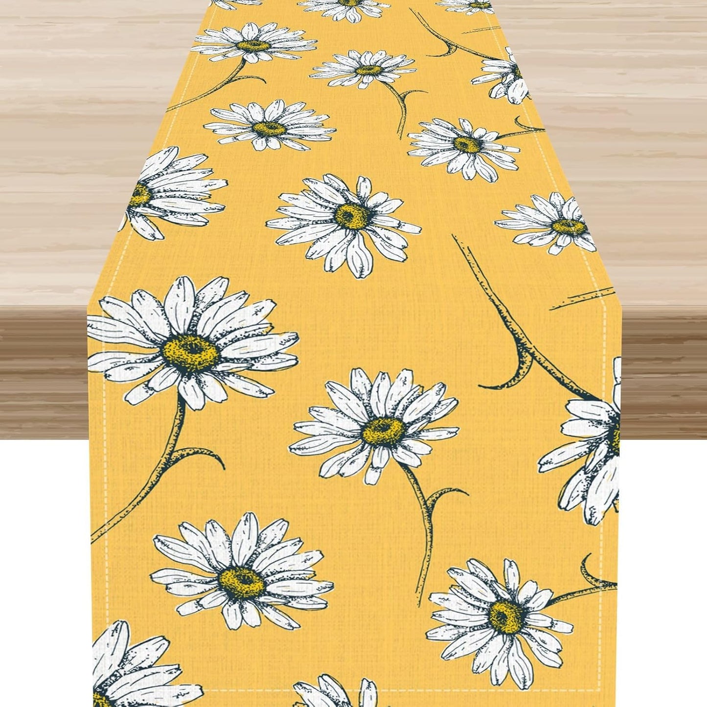Farmhouse Floral Table Runner, Spring Seasonal Daisy Flower Retro Wooden Country Table Center Decor for Home Kitchen Dining Patio Holiday Party Indoor Outdoor Table Decorations, 13"x90" Inch