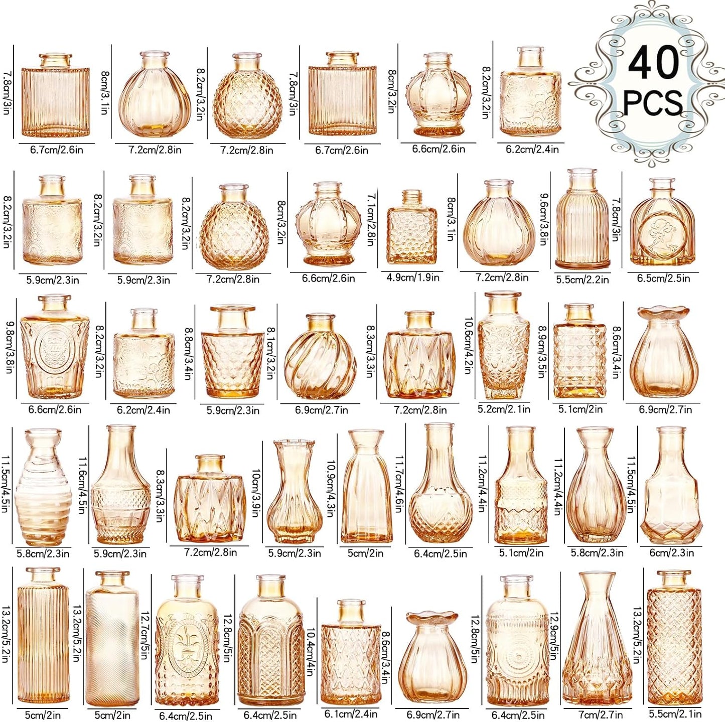 Bud Vases Set of 40 Pcs,Small Flower Vases for Centerpieces,Glass Bud Vase in Bulk,Vintage Bud Vase for Wedding Table Centerpieces Decoration, Home Table Party Decor, Christmas,Anniversary,Gold Amber