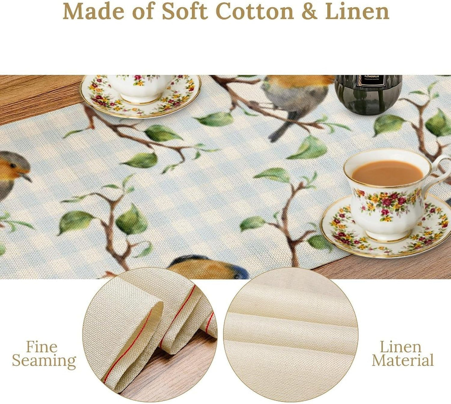 Bird Table Runner,Spring Birds Tree Blue Plaid Print Table Runner for Kitchen Dining Table Decoration Home Party Decor 13x108 Inch