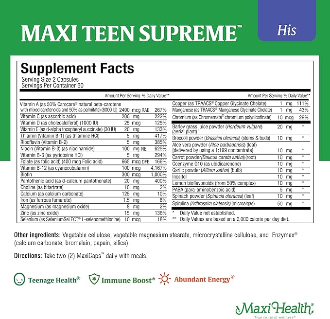 Maxi Health Multivitamin for Him – Boys Vitamins for Ages 12–17 Teen Supreme – Men’s Multivitamin for Energy, Immune Boost, Body & Brain Includes D3, Iron, Calcium, Digestive Enzymes (120 Count)
